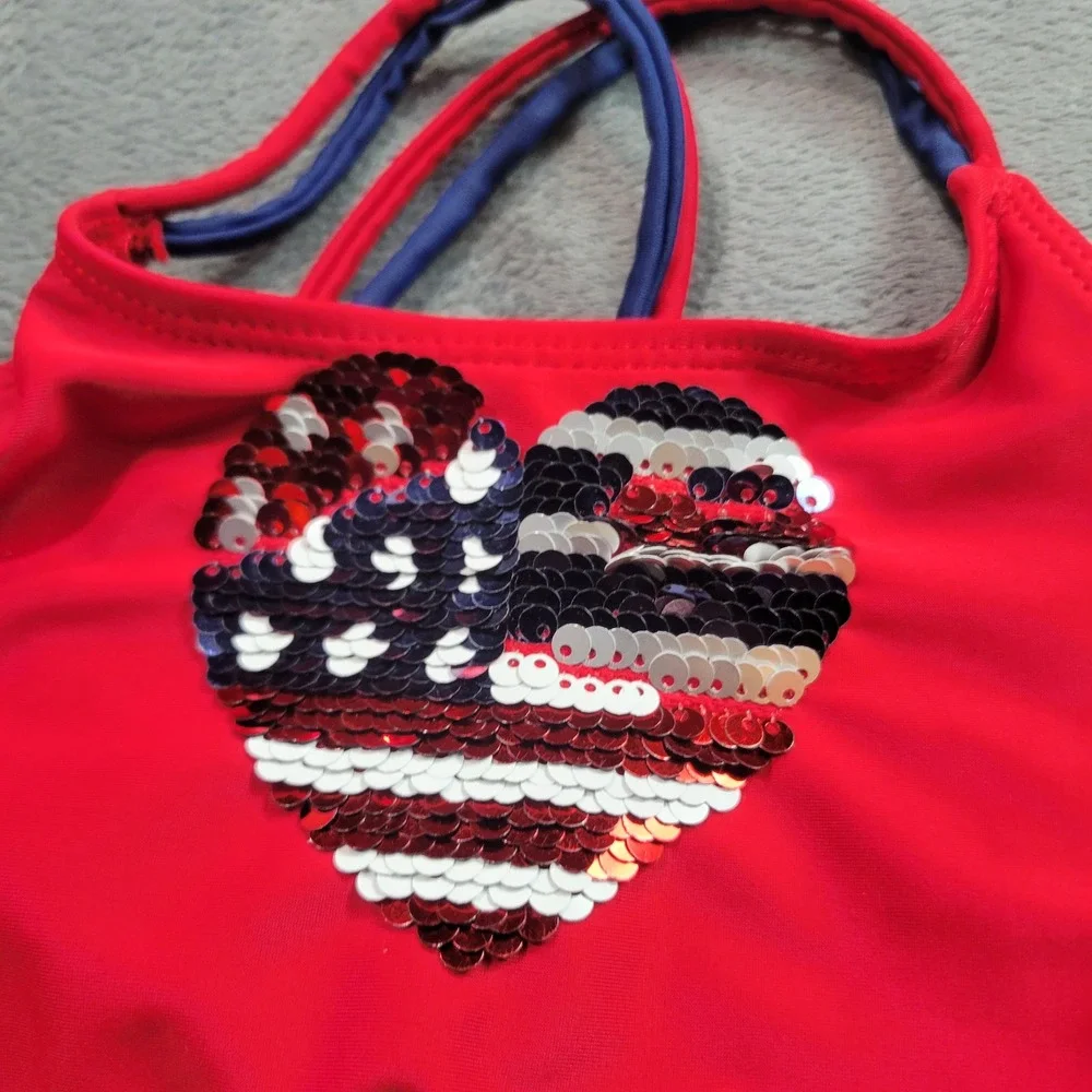 Bmagical Bikini Swim Top Girls 6 Red Heart American Flag Sequin Patriotic Summer